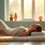 Relaxation Gadgets for Inner Peace and Balance "A serene woman lies on a cream-colored meditation mat in a peaceful living room surrounded by digital wellness tools like essential oil diffusers, Himalayan salt lamps, and calming crystals."