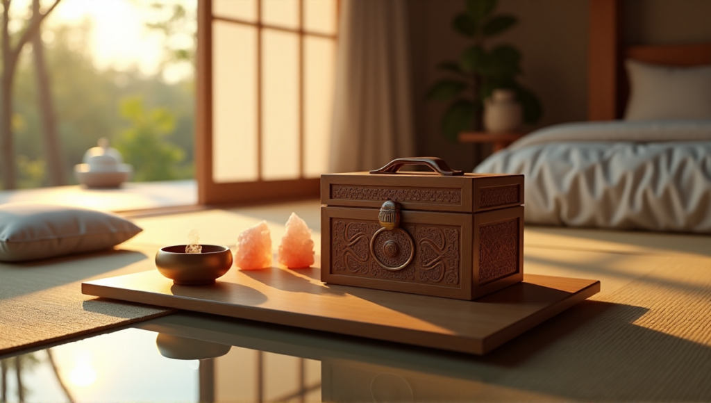 "A serene meditation room featuring a hand-carved wooden box with Himalayan salt lamp, crystal singing bowl, and essential oil diffusers amidst Japanese-inspired decor."