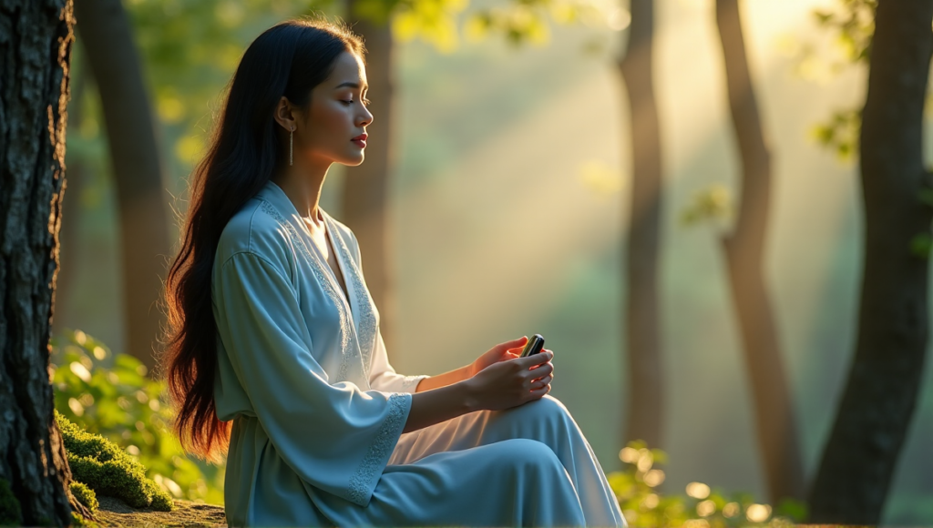A serene woman sits on a natural stone bench in a lush forest, wearing a pale blue robe with intricate embroidery, holding a sleek silver smartwatch with a subtle glow."