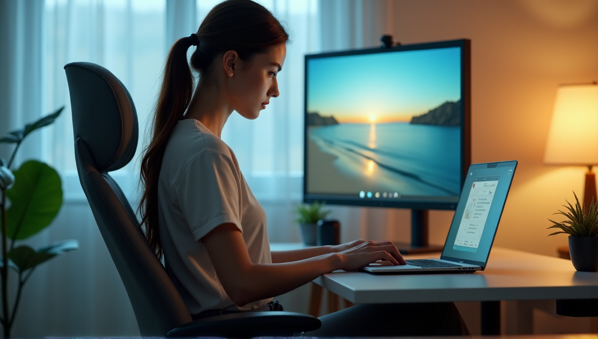 A young woman sits comfortably on an ergonomic office chair, focused on a laptop with various digital wellness tools and productivity apps displayed around her in high-resolution screens.