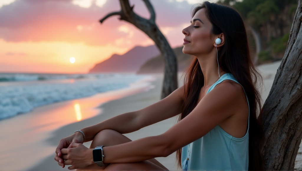"A serene woman relaxes on a tranquil beach at sunset, surrounded by calming ocean sounds and digital wellness tools."