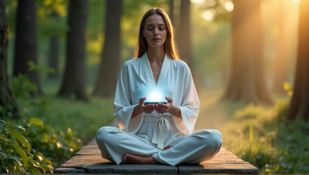 "A serene woman meditates in a forest setting with a silver smart device emitting soft blue light, promoting digital wellness tools for inner peace."