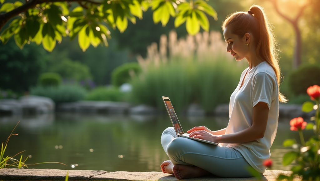 "A serene woman sits on a natural stone bench amidst lush greenery, gazing at her laptop displaying digital wellness tools from CalmTech-Life.com."