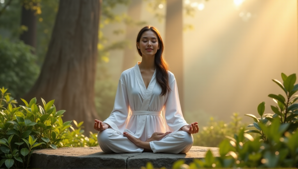 "A serene woman meditates on a natural stone bench amidst lush greenery, surrounded by misty fog, exuding inner peace and balance."