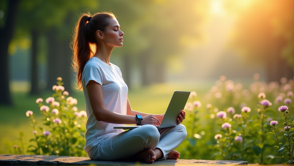 A serene young woman sits cross-legged on a natural stone bench amidst lush greenery, surrounded by digital wellness tools in harmony with nature.