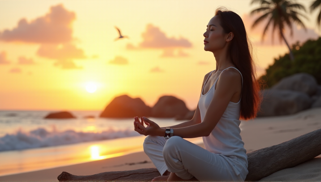"A serene Asian woman meditates on a beach at sunrise, surrounded by natural beauty and subtle digital wellness tools."