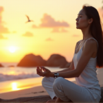 Mindful Living Starts with Smart Tech for Inner Peace and Balance "A serene Asian woman meditates on a beach at sunrise, surrounded by natural beauty and subtle digital wellness tools."