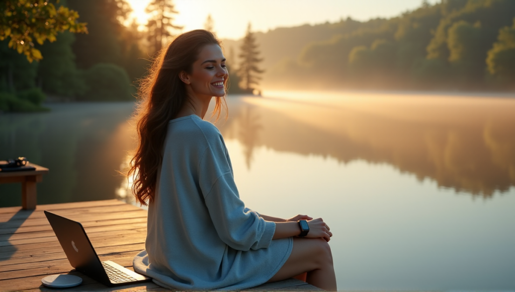 "A serene woman sits on a wooden dock overlooking a tranquil lake at dawn, surrounded by digital wellness tools and lush greenery."