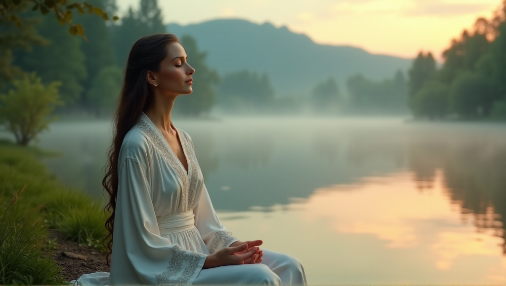 "A serene woman meditates on a tranquil lake shore at dawn, surrounded by lush greenery and towering trees, evoking inner peace and balance through digital wellness tools."