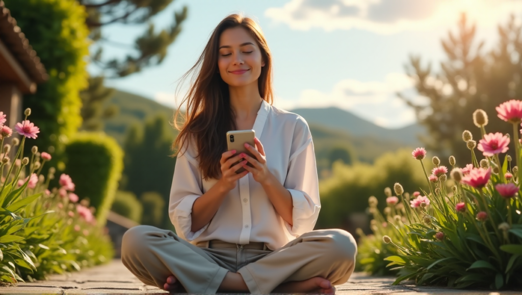 "A serene woman sits cross-legged on a stone patio surrounded by lush greenery, practicing digital wellness with her smartphone."