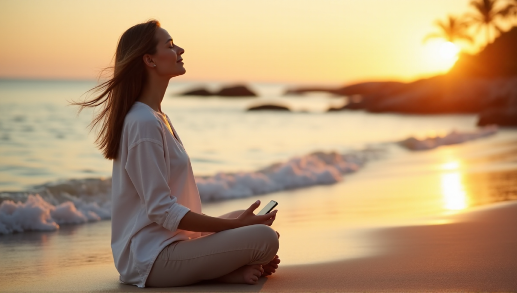 "A serene woman sits on a tranquil beach at sunset, embodying inner peace with her closed eyes and gentle smile, surrounded by calm ocean water and distant palm trees."