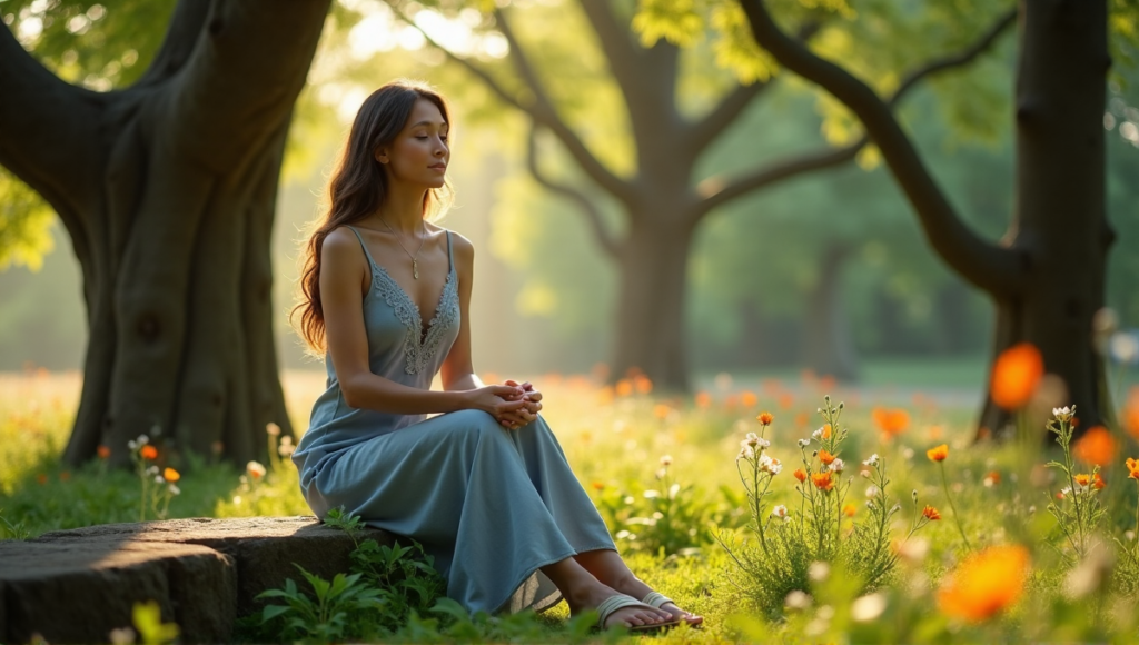 "A serene woman sits on a natural stone bench in a lush forest, surrounded by wildflowers, exuding inner peace with closed eyes and clasped hands."