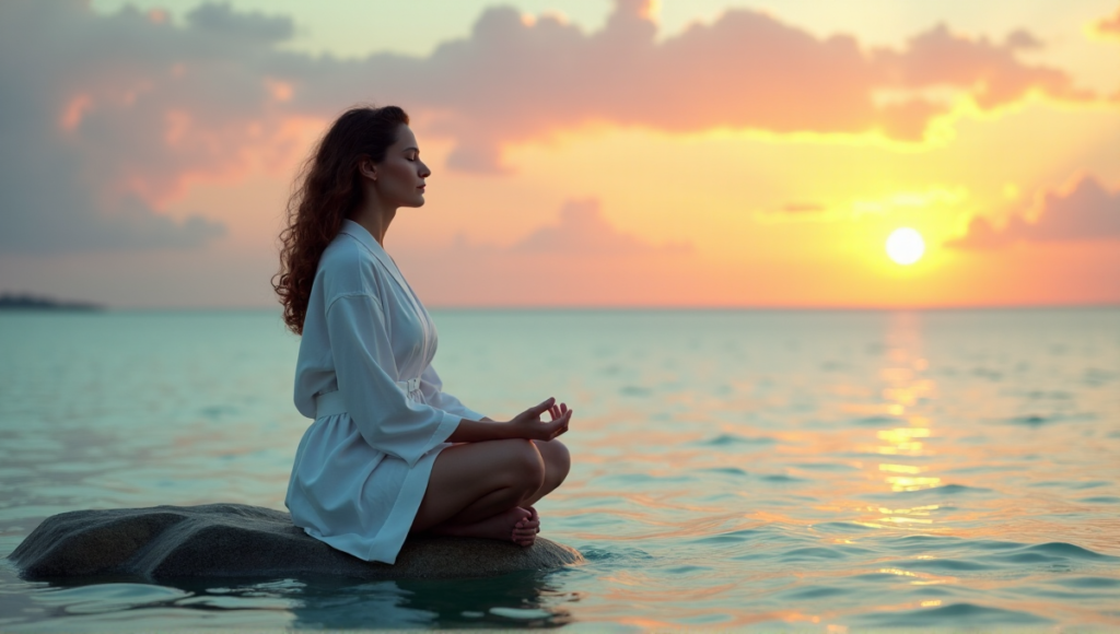 "A serene woman meditates on a tranquil beach at sunset, surrounded by digital wellness tools, exuding deep relaxation and inner peace."