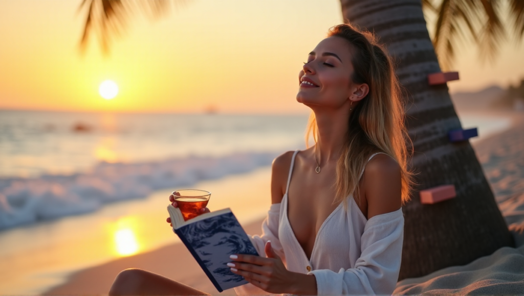 "A serene woman sits on a tranquil beach at sunset, surrounded by natural elements promoting stress relief, holding a mindfulness journal and lavender tea."