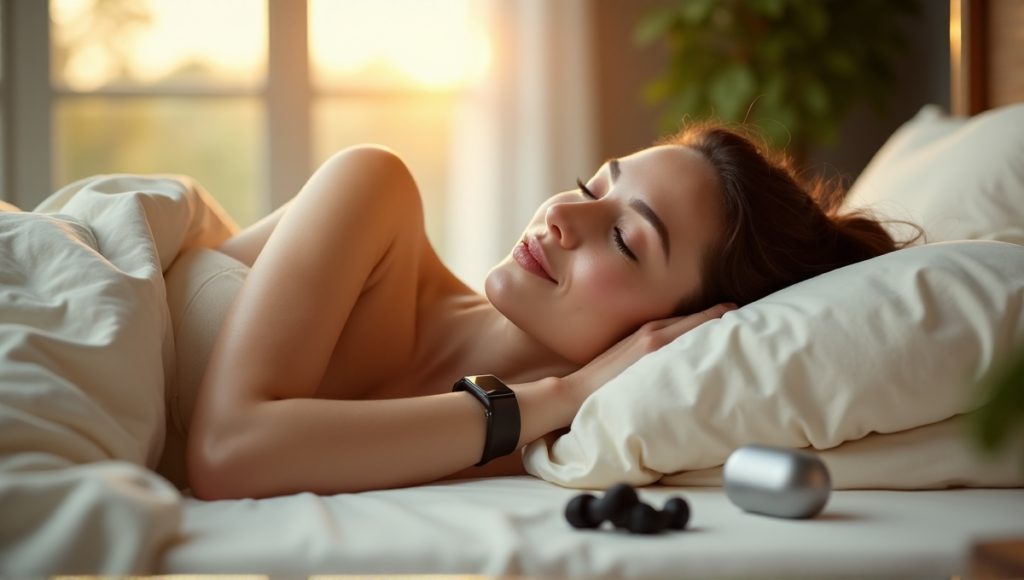 "A serene bedroom scene featuring a woman on a plush bed with digital wellness tools, such as a smartwatch and sleep tracker, subtly integrated into the composition."