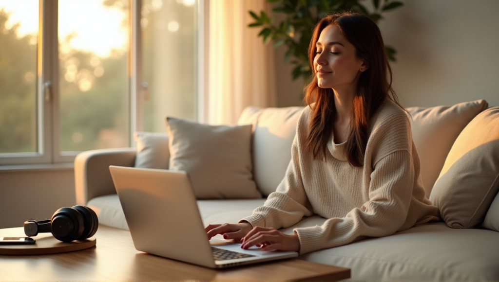 "A serene woman sits on a cream-colored couch in a minimalist living room with carefully curated digital devices, exuding calmness and relaxation amidst digital wellness tools."
