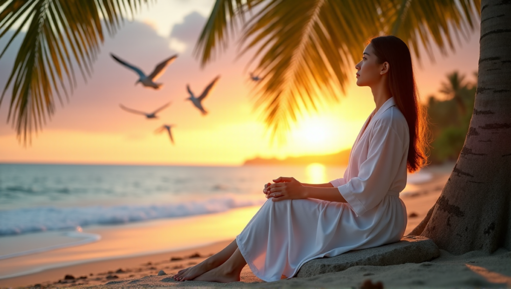 "A serene Asian woman sits on a tranquil beach at sunset, surrounded by natural elements and digital wellness tools, exuding peacefulness."