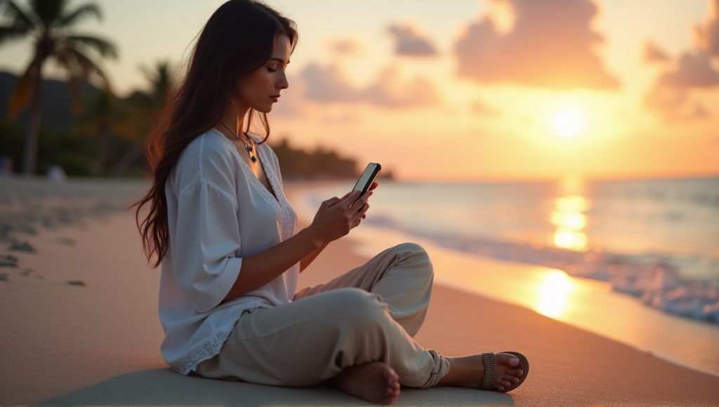 "A serene woman sits on a tranquil beach at sunset, using her smartphone with digital wellness tools amidst nature's soothing sounds."