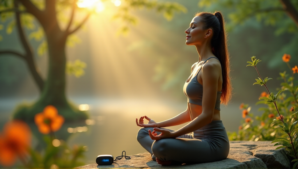 "A serene woman meditates on a natural stone bench amidst lush greenery and vibrant flowers, surrounded by soft morning light and a discreet digital wellness tool emitting soothing blue light."