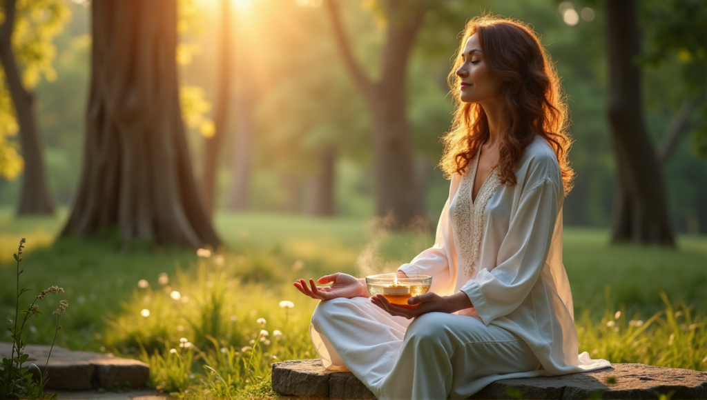 "A serene woman sits on a natural stone bench in a lush forest, surrounded by tall trees and soft mist, holding a glass meditation bowl with candles, exuding calmness and inner peace."