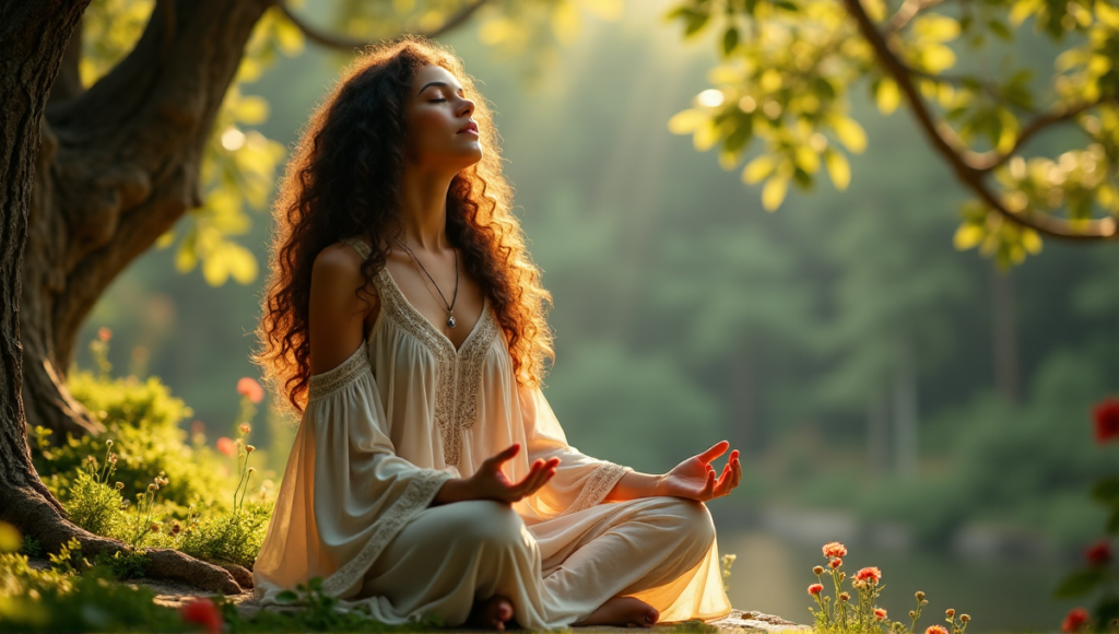 "A serene woman sits on a natural stone bench in a lush forest, surrounded by towering trees and vibrant foliage, exuding inner peace amidst nature's tranquility."