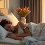 "A serene bedroom scene featuring a person sleeping on a plush bed with digital wellness tools subtly integrated into the environment."