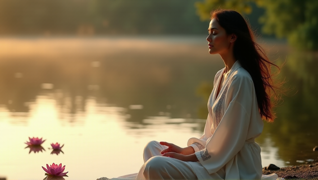 "A serene woman sits on a tranquil lake shore at dawn, embodying inner peace and productivity with digital wellness tools in mind."