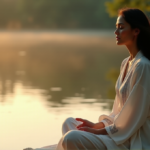Achieve Inner Peace and Boost Productivity Without Feeling Overwhelmed "A serene woman sits on a tranquil lake shore at dawn, embodying inner peace and productivity with digital wellness tools in mind."