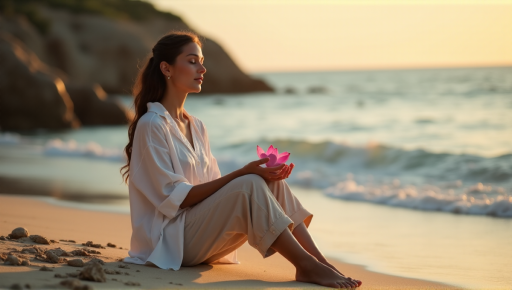 "A serene woman sits on a tranquil beach at sunset, cradling a pink lotus flower, surrounded by soothing ocean sounds and warm golden light."