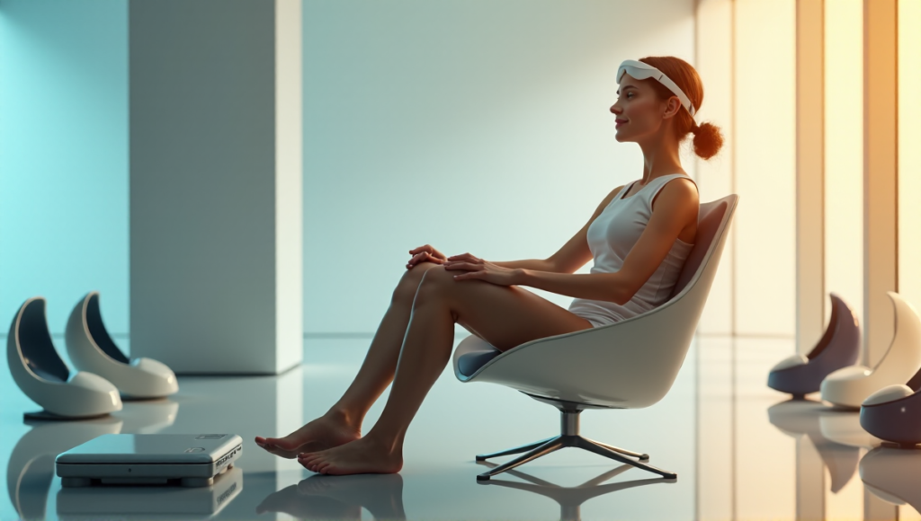 "A woman sits comfortably on an ergonomic chair surrounded by digital wellness tools, including brain-computer interface headsets and AI-powered meditation pods."