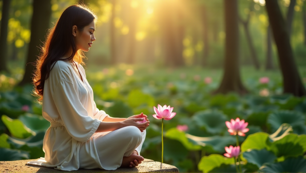 "A serene middle-aged woman sits cross-legged on a natural stone bench in a tranquil forest glade, surrounded by lush green foliage and a blooming pink lotus flower, embodying inner peace with Calmio's holistic wellbeing solutions."