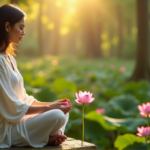 "A serene middle-aged woman sits cross-legged on a natural stone bench in a tranquil forest glade, surrounded by lush green foliage and a blooming pink lotus flower, embodying inner peace with Calmio's holistic wellbeing solutions."