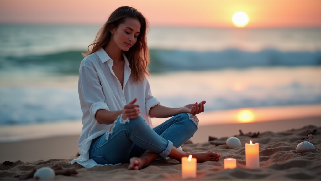 "A serene woman sits on a tranquil beach at sunset, surrounded by calming elements and digital wellness tools, exuding deep relaxation."