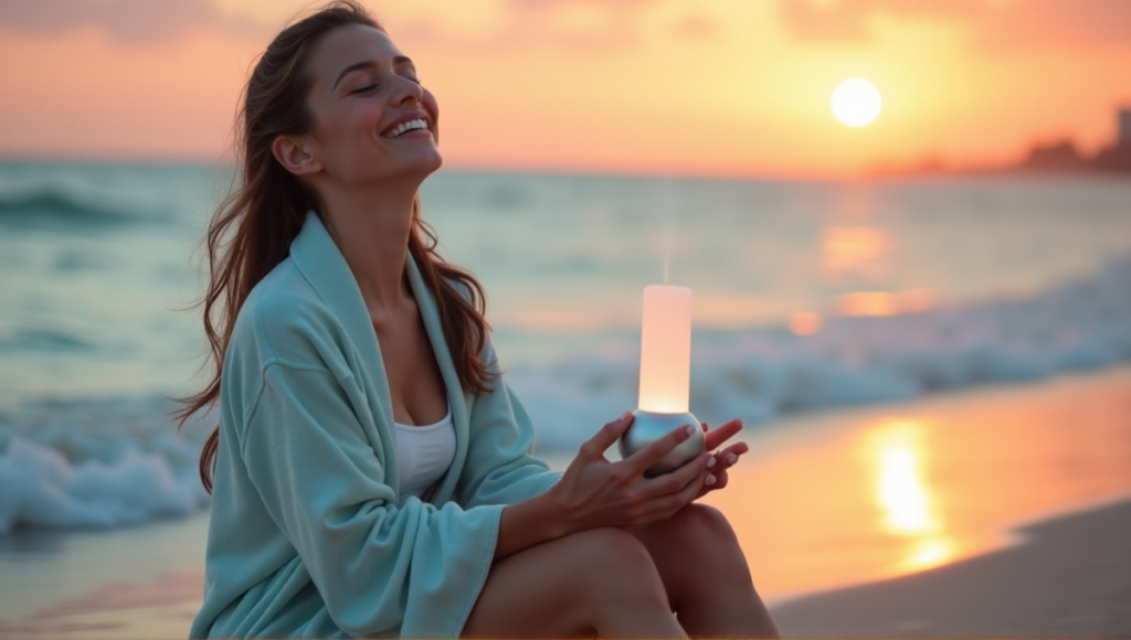 "A serene woman meditates on a tranquil beach at sunset with digital wellness tools, surrounded by gentle waves and soothing mist."