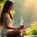 A serene woman meditates amidst lush greenery and vibrant flowers, surrounded by natural elements, with a soothing tea blend in hand, evoking feelings of digital wellness tools and inner peace.