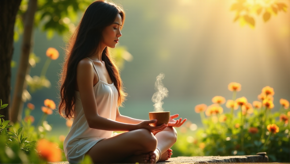 A serene woman meditates amidst lush greenery and vibrant flowers, surrounded by natural elements, with a soothing tea blend in hand, evoking feelings of digital wellness tools and inner peace.