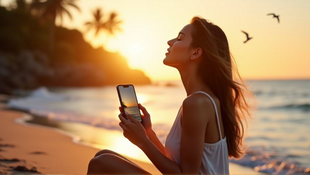 "A young woman sits serenely on a tranquil beach at sunset, using her smartphone with a mindfulness app open, surrounded by palm trees and soft sand."