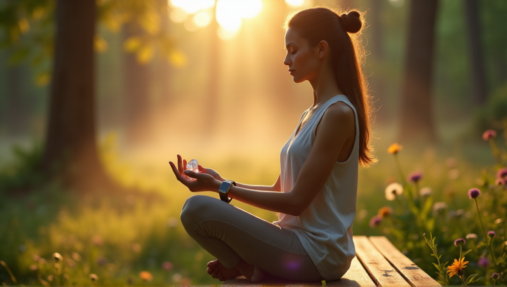 "A serene woman sits on a wooden bench in a tranquil forest clearing, surrounded by lush greenery and vibrant wildflowers, using digital wellness tools to cultivate balance."