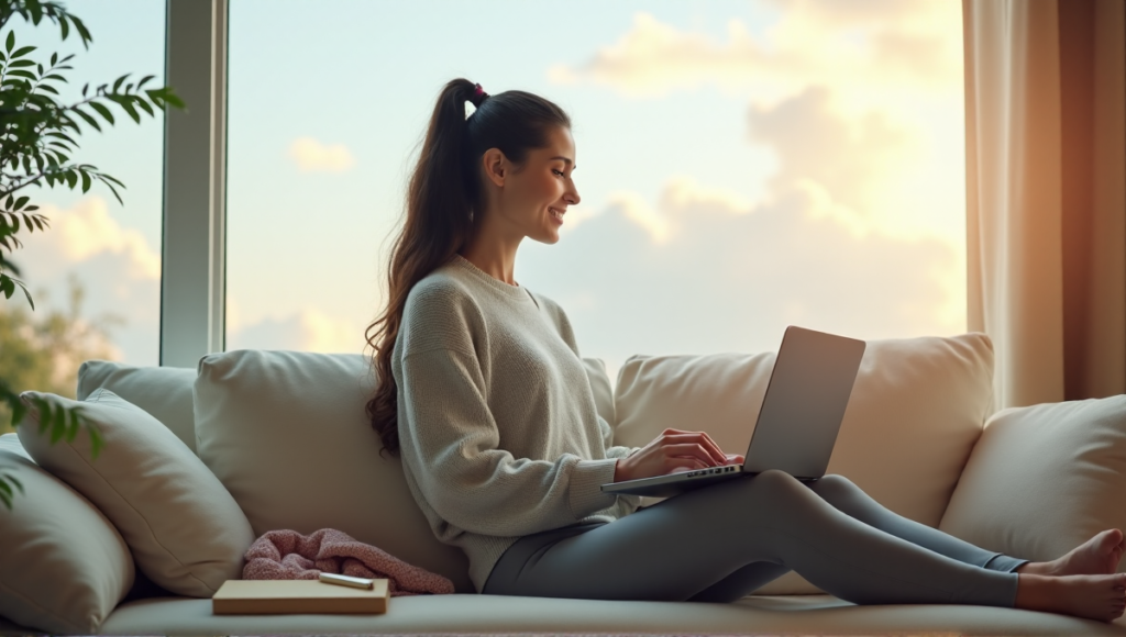 "A young woman relaxes on a cream-colored couch, surrounded by digital wellness tools and self-care resources, gazing out at a serene morning landscape."