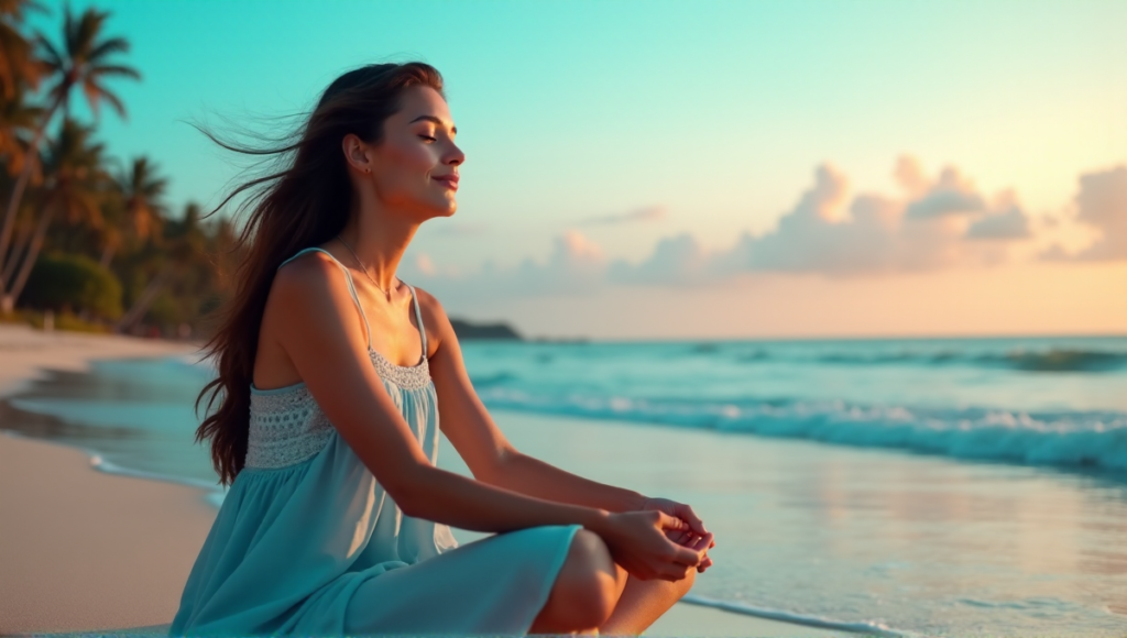 "A serene woman sits on a tranquil beach at sunset, embodying mindfulness with her eyes closed and hands placed gently on her knees."