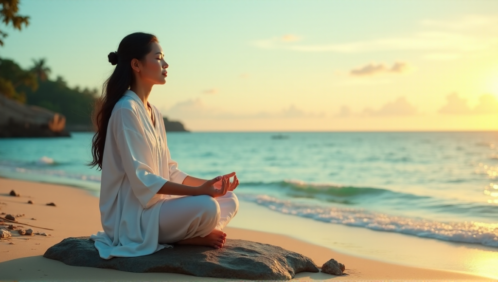 "A serene Asian woman meditates on a tranquil beach at sunrise, surrounded by soft sand, seashells, and driftwood, embodying digital wellness tools for inner peace."