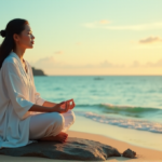 Recharge Your Mind with Digital Innovations: Unlock Inner Peace and Balance "A serene Asian woman meditates on a tranquil beach at sunrise, surrounded by soft sand, seashells, and driftwood, embodying digital wellness tools for inner peace."