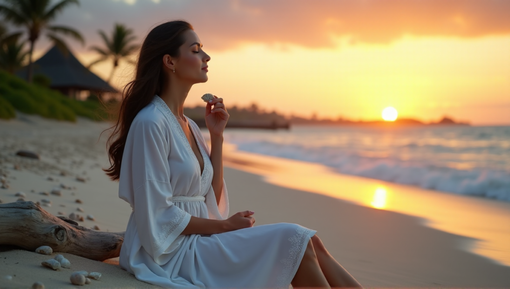 "A serene woman sits on a tranquil beach at sunset, embodying inner peace with her relaxed face, closed eyes, and subtle smile, surrounded by soft white sand, palm trees, and soothing ocean sounds."
