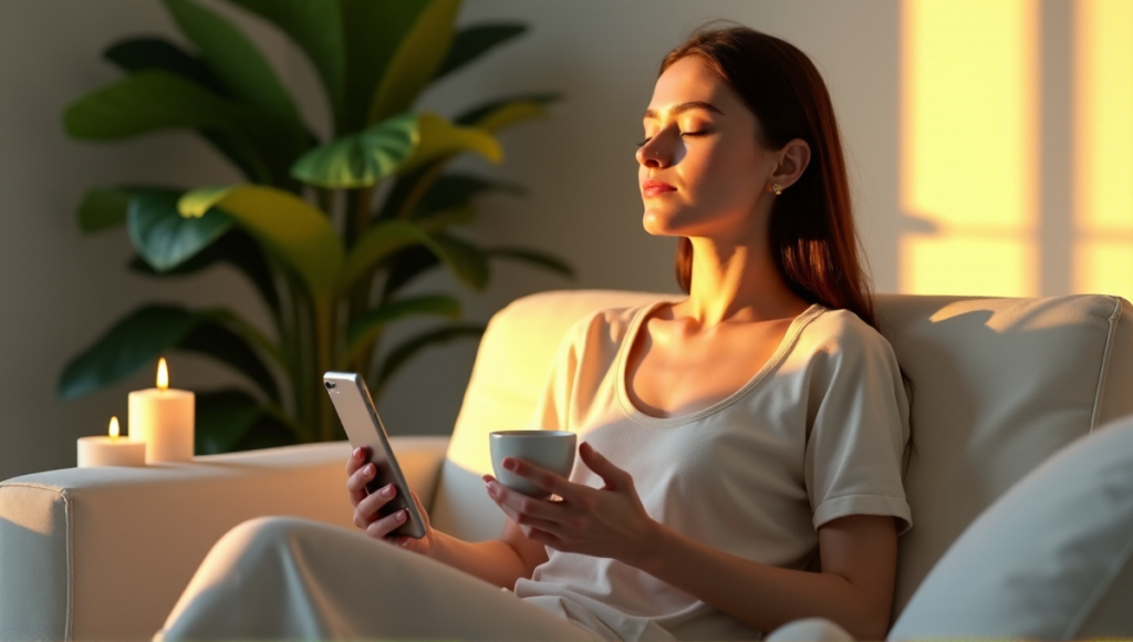 "A serene woman meditates on a minimalist couch surrounded by lush greenery and candles, with her smartphone displaying a peaceful landscape and a cup of herbal tea nearby."