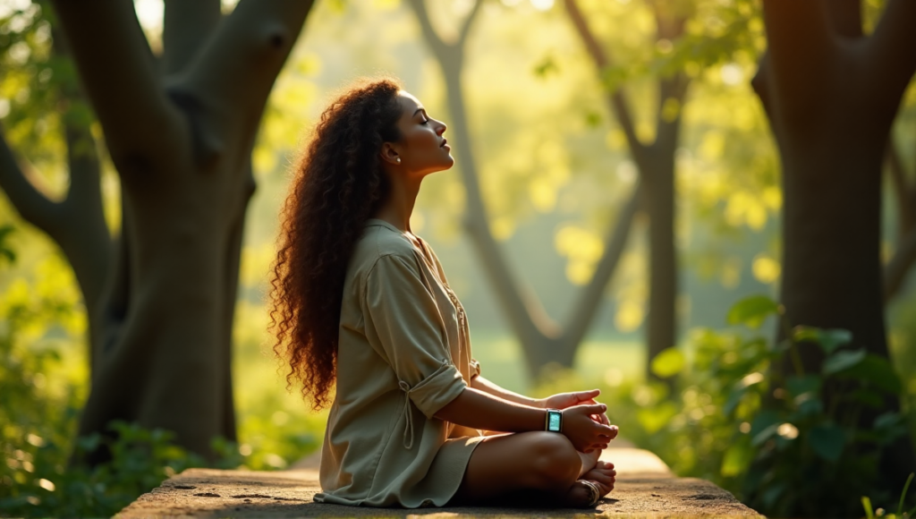 "A serene woman sits on a natural stone bench in a lush forest, surrounded by tall trees, with her eyes closed and a peaceful expression, wearing a silver smartwatch symbolizing digital wellness tools."