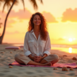 "A serene woman sits cross-legged on a beach towel at sunset, surrounded by nature's elements, exuding inner peace and calmness amidst digital wellness tools."