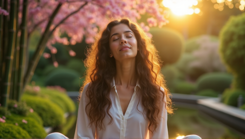 "A serene woman sits on a natural stone bench in a lush Japanese garden during golden hour, surrounded by blooming cherry blossoms and bamboo trees, exuding calmness with digital wellness tools at her fingertips."