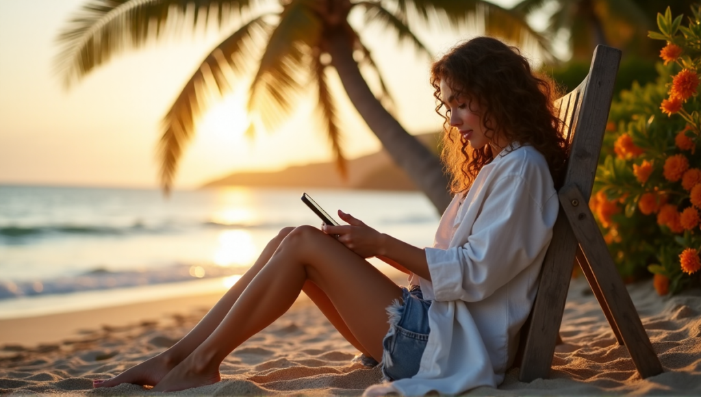 "A serene woman on a tranquil beach at sunset, practicing digital wellness with her smartphone set to 'do not disturb', surrounded by natural beauty."