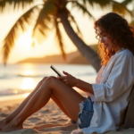 "A serene woman on a tranquil beach at sunset, practicing digital wellness with her smartphone set to 'do not disturb', surrounded by natural beauty."