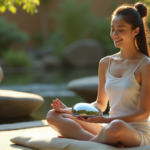 "Discover Ultimate Mindfulness and Relaxation Tech for Inner Peace and Balance: Stress-Relief Devices That Work for You Today" "A serene woman meditates in a peaceful Zen garden setting with a sleek digital wellness tool."